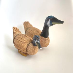 Vintage pair of Straw Ducks Carwed wooden straw ducks Collectible Wooden hand painted figurines Rustic Cottagecore Hand Made Home Decor