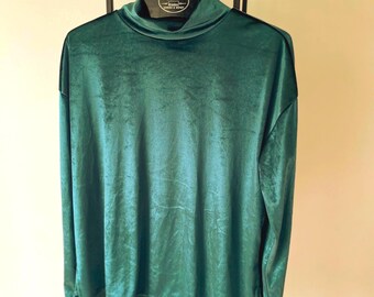 Vintage Emerald Green Velour Turtleneck Top: Y2K Loose Fit, Size M/L
