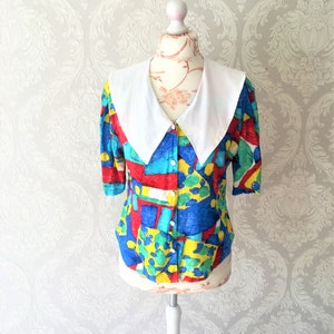 Vintage 80s Viscose Blouse: Bright Abstract Print Sailor Collar