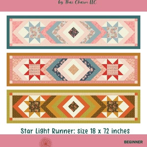 以下が含まれることがあります： タイ・チャームLLCによる「スターライト」というテーブルランナーのキルトパターン。ピンク、ブルー、ホワイトの星とダイヤモンドの繰り返し模様が特徴です。ランナーの幅は45.7cm、長さは182.9cmです。