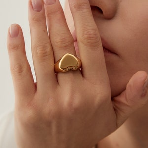 Gold Chunky Heart Signet Ring, Statement Gold Heart Pinky Stacking Ring