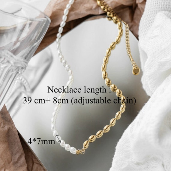 Dainty Half White Oval Pearl Half Gold Pearl Necklace Etsy