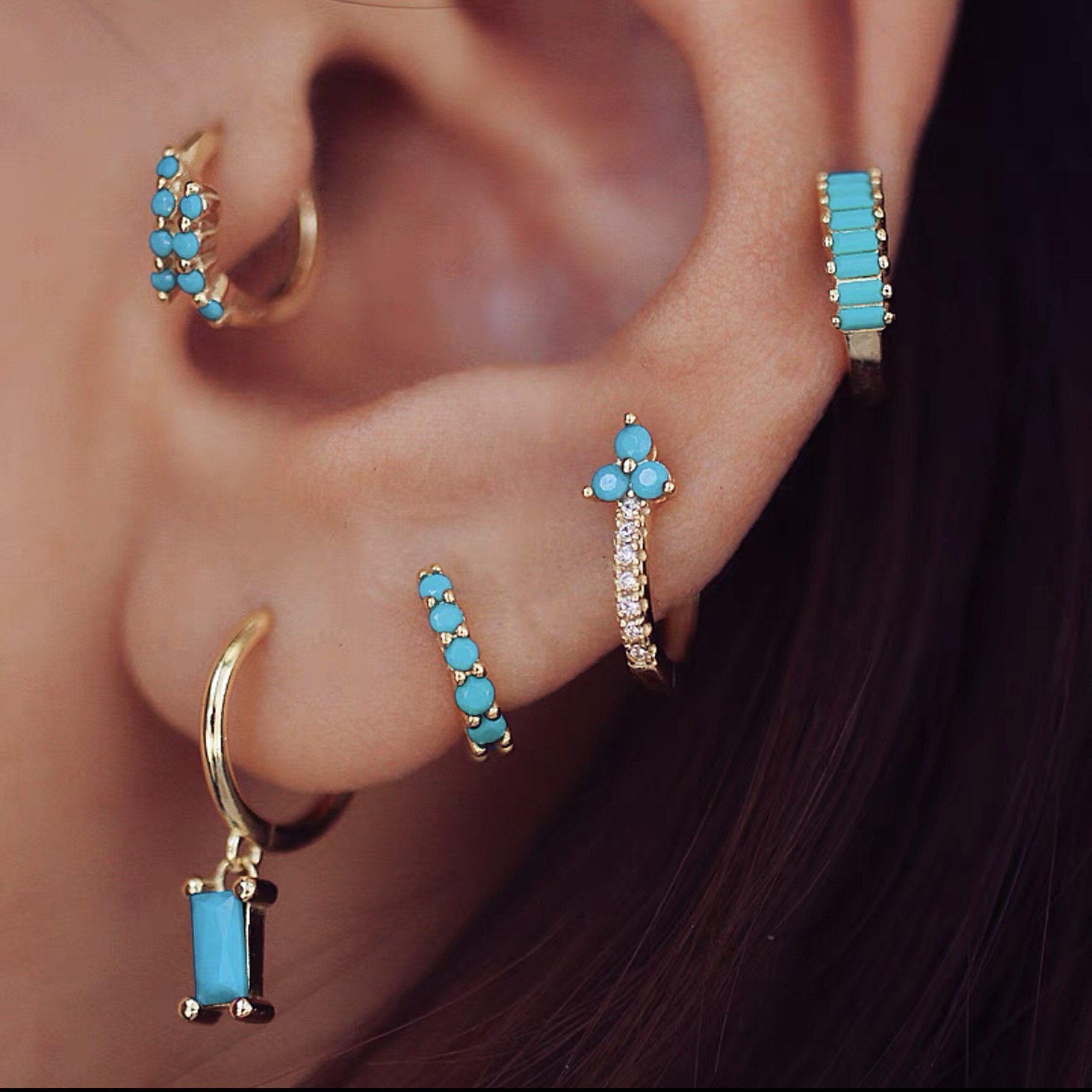Dainty Gold and Silver Blue Turquoise Cartilage Huggie - Etsy