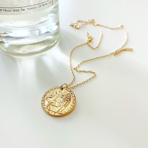Dainty Gold Plated Lion Vintage Coin 