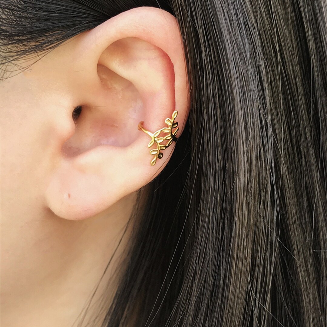 Gold and Silver Leaf Conch Ear Cuff Earrings, Leaf No Piercing