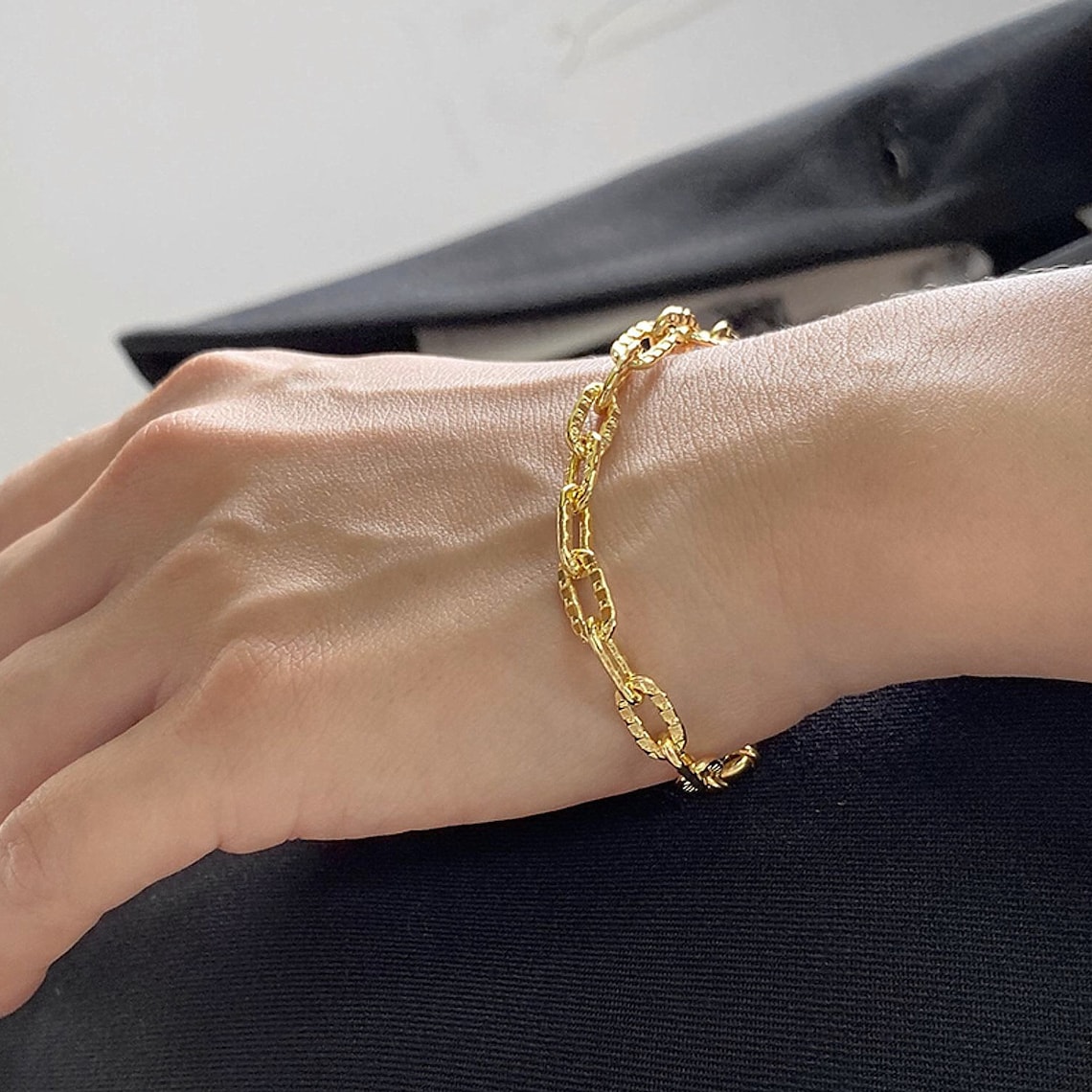 Bracelet Grosse Maille Or Bracelet Grosse Maille Martelée Plaqué Or style Bohème | Etsy France