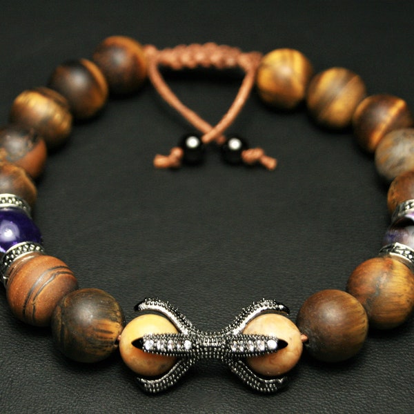 Mens tiger eye bracelet, Dragon bracelet with eye of the tiger and purple agate, Viking bracelet with matte tiger eye stones and dragon claw