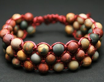 Pulsera Shambala de jaspe Picasso hecha a mano: cordón rojo con cuentas de piedras preciosas