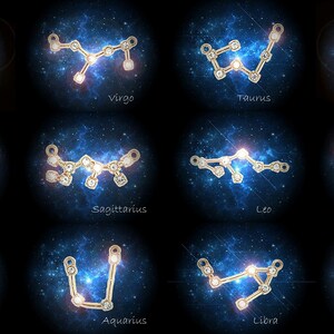 Peut inclure: Douze breloques dor&eacute;es de constellations du zodiaque avec des strass scintillants sur un fond &eacute;toil&eacute; bleu fonc&eacute;. Chaque breloque repr&eacute;sente un signe du zodiaque diff&eacute;rent&nbsp;: B&eacute;lier, Taureau, G&eacute;meaux, Cancer, Lion, Vierge, Balance, Scorpion, Sagittaire, Capricorne, Verseau et Poissons.