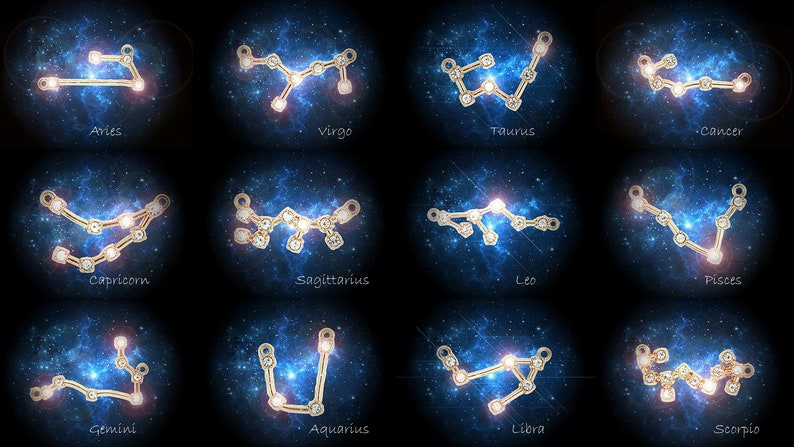 Peut inclure: Douze breloques dor&eacute;es de constellations du zodiaque avec des strass scintillants sur un fond &eacute;toil&eacute; bleu fonc&eacute;. Chaque breloque repr&eacute;sente un signe du zodiaque diff&eacute;rent&nbsp;: B&eacute;lier, Taureau, G&eacute;meaux, Cancer, Lion, Vierge, Balance, Scorpion, Sagittaire, Capricorne, Verseau et Poissons.
