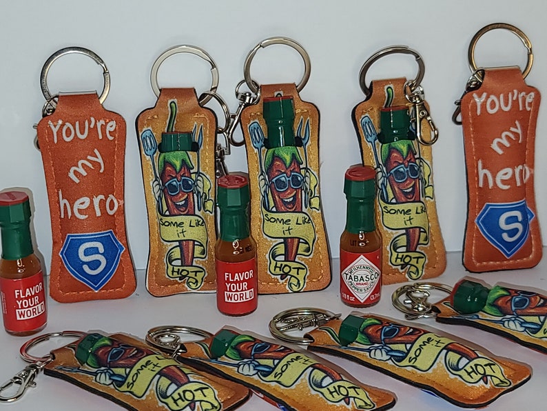Tiny Pepper Hot Sauce Holder Super Hero Key Chain. Perfect Father's Day