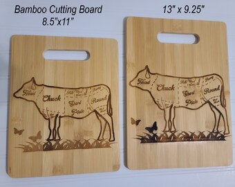 Bamboo Cutting Board,  FREE name! Laser Engraved Beef Cuts, Cow,  Wood Cutting Boards. Bamboo Cutting Boards