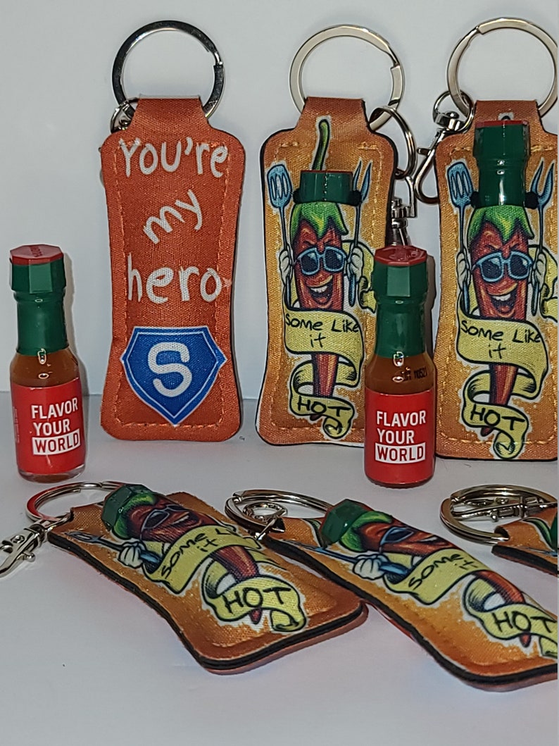 Tiny Pepper Hot Sauce Holder Super Hero Key Chain. Perfect Father's Day
