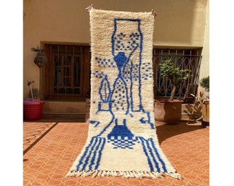 Custom Moroccan  Runner - Tribal Area Rug - Abstract Rug - Authentic Wool Runner - White & Blue Rug Contemporary rug - Boho tribal rug