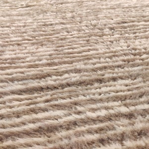 May include: Close-up of a beige rug with a shaggy texture. The rug has a striped pattern created by the varying lengths of the fibers. The color is a neutral beige with darker brown accents, creating a warm, inviting look.