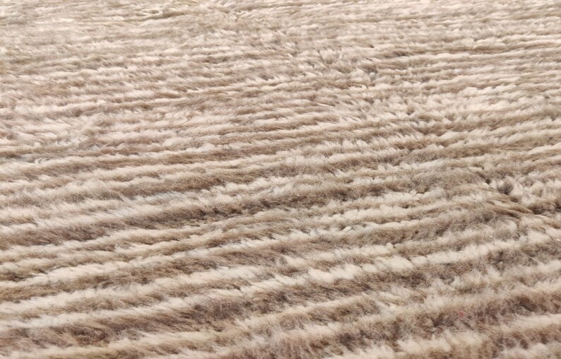 May include: Close-up of a beige rug with a shaggy texture. The rug has a striped pattern created by the varying lengths of the fibers. The color is a neutral beige with darker brown accents, creating a warm, inviting look.