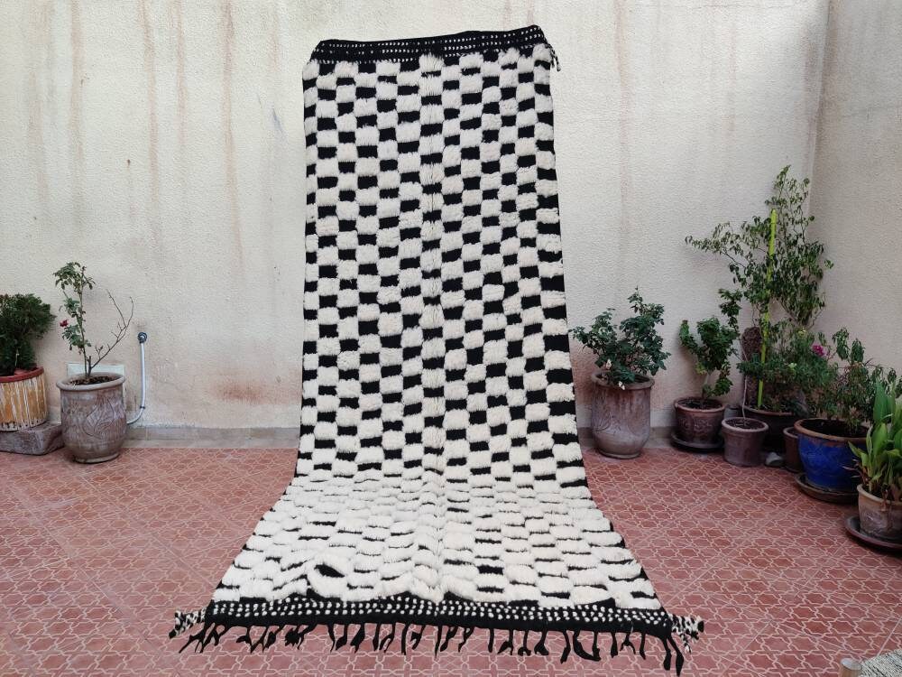 White Black Checkered Runner Rug - Berber Embossed Entrance Hallway Rug - Custom Made Check Rug - Beni ourain rug - Moroccan rug