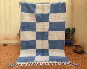 Check Blue White rug - Berber checkered rug - Checkered rug - Abstract rug - Berber Wool rug - Handwoven rug - Large Area rug - Custom rug