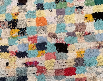Checkered Berber Rug: Colorful Boucherouite, Handmade Moroccan Area Rug (3.5 x 6 ft)