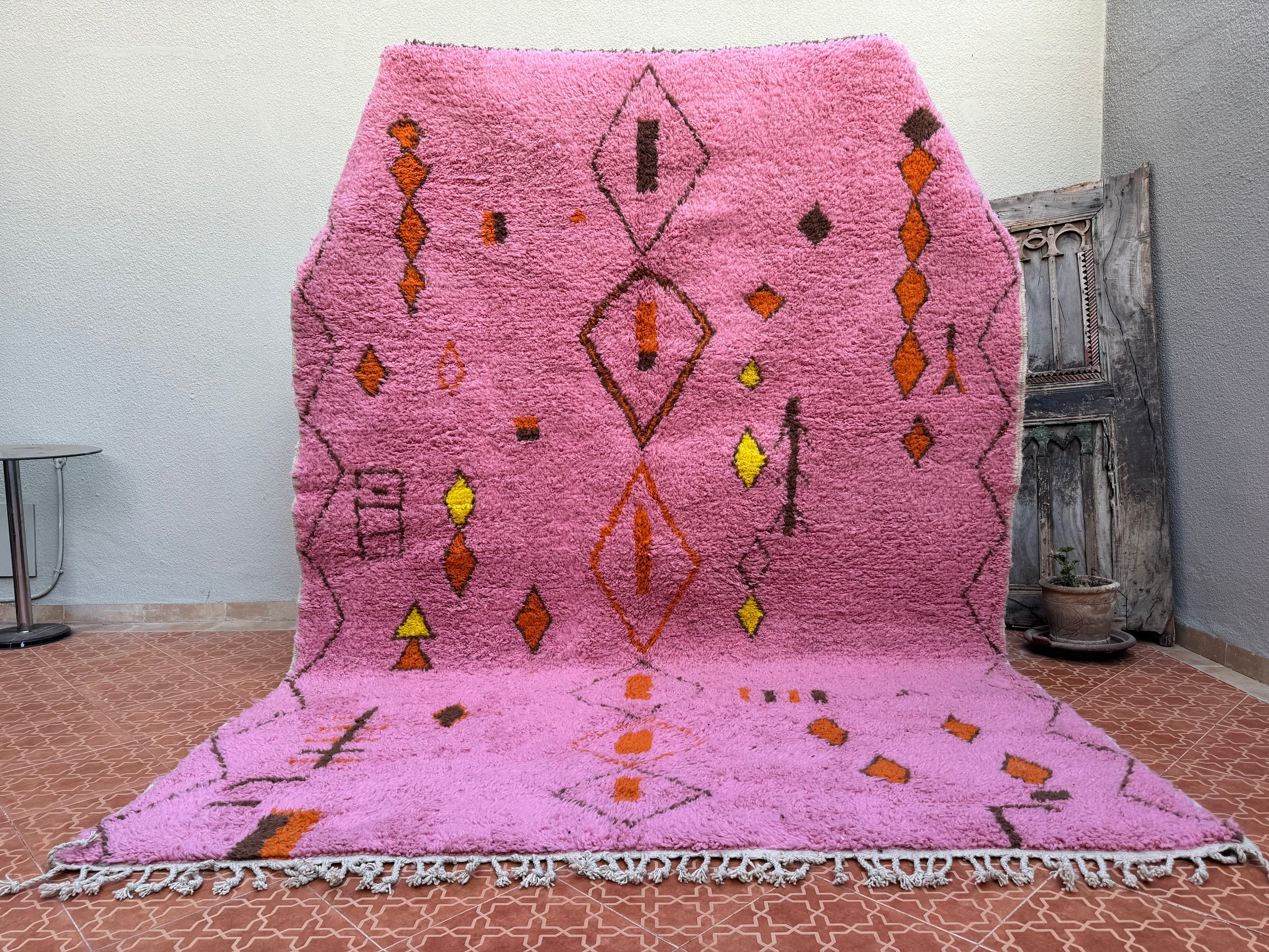 Handwoven Moroccan Pink Berber wool rug - Large Geometric Shag Beni Ourain carpet for Bohemian decor - Custom Handmade wool Living room rug
