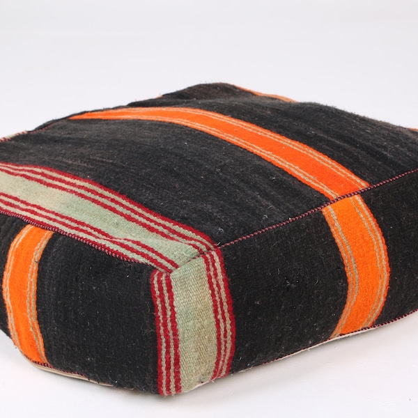 Pouf multicolore, Pouf marocain, Poufs, Tabourets, Killim Black OrangePouf, Motifs berbères Pouf, Tapis Coussin Pouf.