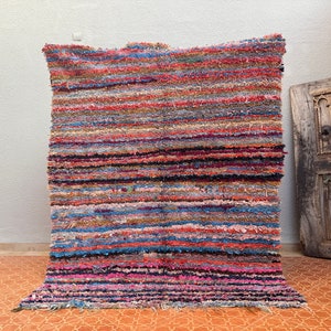 Boucherouite rug vintage 5.6 x 6.9 Feet Striped rug - Colorful Moroccan rug - Tribal area rug - Berber rug - Floor rug