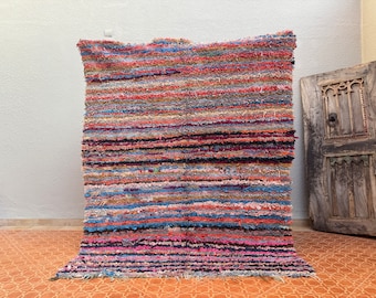 Vintage Striped Boucherouite Rug: Colorful Moroccan Berber Rug (5.6 x 6.9 ft)