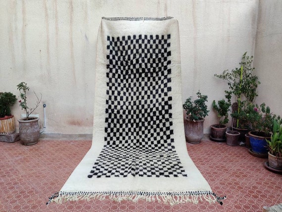 Checkered Black White Wool Runner Rug Handwoven Berber