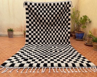 Marokkanischer Teppich Kariert - Schwarz-weiß karierter Teppich - Schachbrettteppich - Beni Ourain Teppich - Wolle Karierter Teppich - Marokkanischer Teppich Kariert