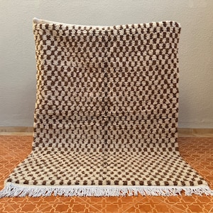 Abstract Moroccan rug - 4.8 x 6.2 Feet rug - Moroccan Checkered rug - Brown white rug - checkered rug - Berber check rug - Wool area rug