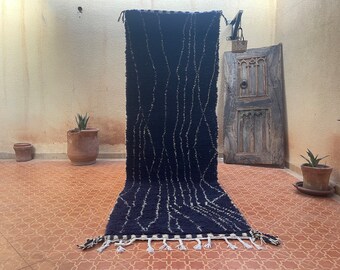 Blue Moroccan Runner Rug - Wool Berber Narrow Rug for Hallway & Entrance - Custom Made Decor