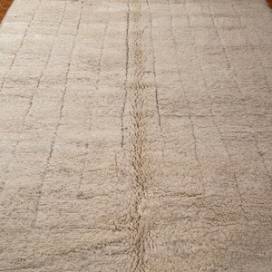 May include: A white, fluffy rug with a subtle woven pattern. The rug has a long, narrow shape and a fringe border.