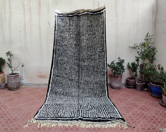 Black Runner rug - Woven rug  - Beniourain rug - Narrow rug -  Moroccan rug - Berber white rug - All wool rug - Handmade rug - Striped rug