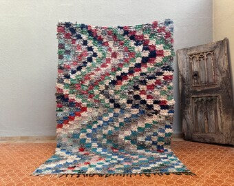 Hand Knotted Moroccan Rug: 5.6 x 8.3 ft Vintage Check Berber Rug