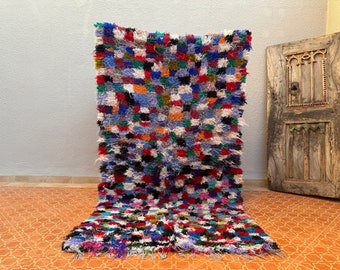 Handmade Checkered Bouchrouite Rug: 4.1 x 7.4 ft Vintage Moroccan Area Rug