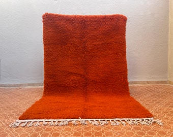 Handmade Orange Wool Moroccan Rug: Solid Berber Carpet