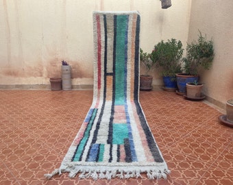 Multicolored Moroccan rug - 2.4 x 10 feet rug - Moroccan long runner - Low pile runner -  Entryway rug - Narrow wool rug - Striped rug