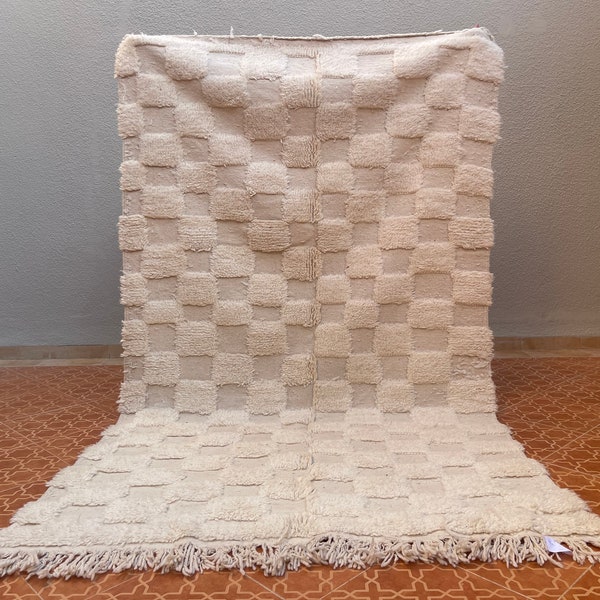 Beni-Ourain-Teppich kariert – Teppich in Sondergröße – Stammesteppich – Massiver weißer Teppich – marokkanischer Berberteppich – abstrakter Azilal-Teppich – reiner Wollteppich