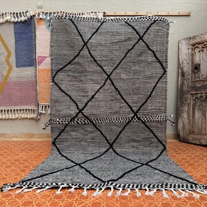 Moroccan Zanafi Rug – Black & White Handwoven Wool Rug - Custom Size Area Rug - Minimalist Tribal Boho Decor - Striped Flatweave Rug