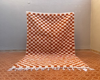 Handmade Orange Checkered Wool Rug: Moroccan Berber Boho Decor
