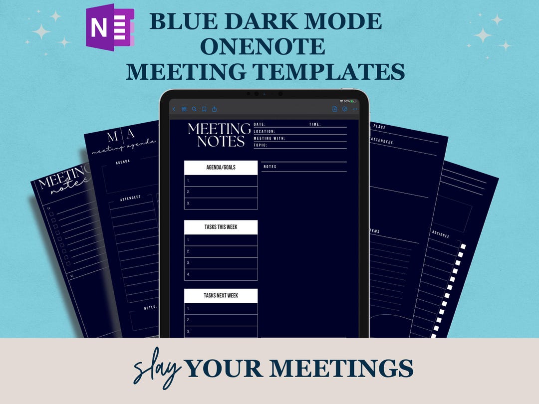 Blue Dark Mode Onenote Meeting Templates for Work Professionals ...