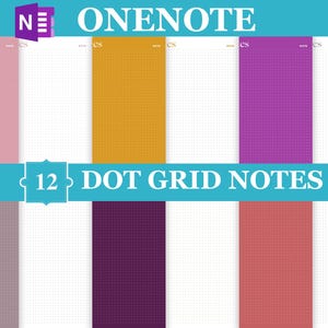 Puede incluir: Un producto digital con 12 notas de cuadrícula de puntos en varios colores, incluyendo rosa, amarillo, morado y rojo. La imagen incluye el logotipo de OneNote y el texto "12 Dot Grid Notes" en una pancarta turquesa.