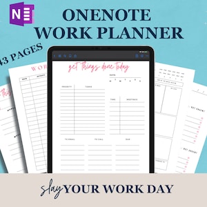 Pink OneNote Work Planner, Work Day Organizer Templates for Professionals, Meeting Project Planner Travel Planner Expenses Tracker m365