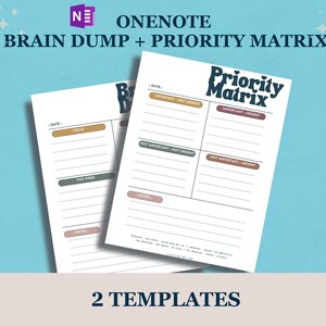 May include: Two white paper templates for OneNote, featuring a brain dump and priority matrix design. The "Priority Matrix" template is divided into four sections: Important/Urgent, Important/Not Urgent, Not Important/Urgent, and Not Important/Not Urgent. The image also includes the text "2 TEMPLATES".