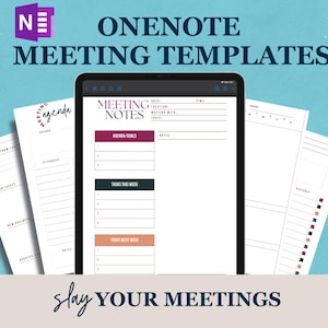 Puede incluir: Una tableta digital que muestra una plantilla de notas de reunión en Microsoft OneNote. La plantilla incluye secciones para la fecha, la hora, la ubicación, la reunión con, el tema, los objetivos de la agenda, las tareas de esta semana y las tareas de la próxima semana. El texto "Slay Your Meetings" se muestra debajo de la tableta.