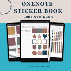 May include: Three digital tablets displaying digital stickers. The tablets show a variety of sticker designs, including shapes, banners, and weekly trackers. The text on the image reads "ONENOTE STICKER BOOK 200+ STICKERS."
