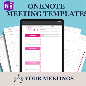 Könnte beinhalten: Ein digitales Tablet zeigt eine Meeting-Notizvorlage in der OneNote-App an. Die Vorlage enthält Abschnitte für Datum, Uhrzeit, Ort, Meeting mit, Thema, Agenda, Aufgaben und Notizen. Der Text "Slay Your Meetings" wird unter dem Tablet angezeigt.