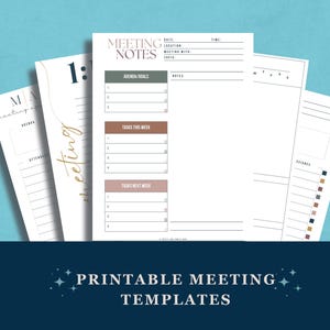 May include: Printable meeting notes templates with a light brown, gray, and white color scheme. The templates include sections for agenda, goals, tasks, and notes.