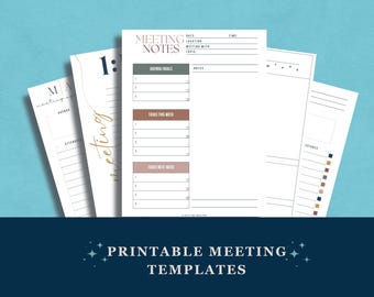 May include: Printable meeting notes templates with a light brown, gray, and white color scheme. The templates include sections for agenda, goals, tasks, and notes.