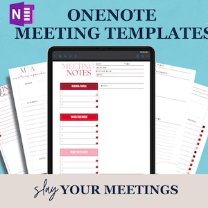 Puede incluir: Una tableta digital que muestra una plantilla de notas de reunión en la aplicación OneNote. La plantilla incluye secciones para la fecha, la hora, la ubicación, la reunión con, el tema, los objetivos de la agenda, las tareas de esta semana, las tareas de la próxima semana, las notas y los asistentes. El texto "Slay Your Meetings" se muestra debajo de la tableta.